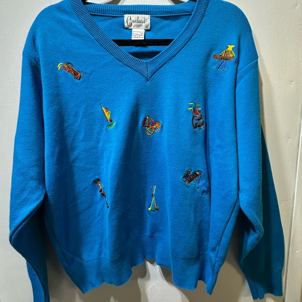 Carducci Blue V-Neck Embroidered Sweater sz medium